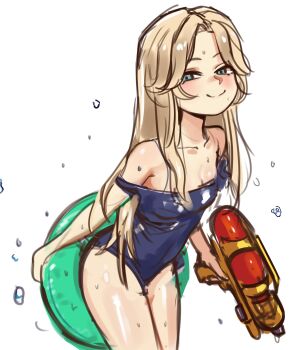 1girl absurdres blonde_hair blue_eyes blush breasts cowboy_shot diana_(pragmata) donut_innertube female_focus highres innertube loli long_hair looking_at_viewer none1987 one-piece_swimsuit pragmata school_swimsuit simple_background small_breasts smile solo standing swim_ring swimsuit thighs unfinished water_gun wet white_background