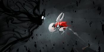 1other 2girls absurdres cloak darkness glowing glowing_eyes highres hollow_knight hollow_knight:_silksong hornet_(hollow_knight) knight_(hollow_knight) lace_(hollow_knight) meltymap multiple_girls needle_(hollow_knight) pin_(hollow_knight) red_cloak shade_(hollow_knight) spoilers white_hair