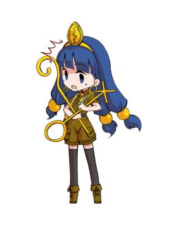Rule 34 | 1girl, alphes (style), black thighhighs, blue eyes, blue hair, blunt bangs, boots, brown boots, brown shirt, brown shorts, chibi, chibi only, collared shirt, commentary request, dairi, earrings, facial mark, fold-over boots, full body, hair bobbles, hair ornament, holding, holding staff, jewelry, key earrings, large variant set, long hair, michigami nareko, open mouth, parody, shirt, short sleeves, shorts, simple background, solo, sphere hair ornament, staff, standing, style parody, surprised, tachi-e, thighhighs, touhou, transparent background, triangle, triangle facial mark, variant set