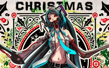 3d animal animal_on_head aqua_hair aqua_necktie calne_ca_(deino) christmas cosplay cropped deino_(deino3330) hatsune_miku hatsune_miku_(cosplay) highres isopod long_hair looking_at_viewer mechanical_arms nato-kun navel necktie on_head open_clothes open_shirt original red_eyes shirt single_mechanical_arm skeletal_arm sleeveless sleeveless_shirt upper_body