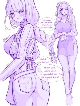 1girl akazuan_19 alternate_costume alternate_universe apron artist_name blunt_bangs blush braid commentary contemporary english_commentary english_text from_behind full_body genshin_impact hair_ornament hair_ribbon highres housewife long_braid long_hair long_sleeves looking_at_viewer looking_to_the_side mole mole_under_eye monochrome notice_lines open_mouth pants raiden_shogun ribbon shy single_braid solo speech_bubble standing sweater twitter_username upper_body white_background