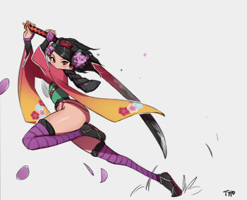 1girl action armor ass black_hair brown_eyes comb female_focus flower full_body hair_flower hair_ornament holding holding_sword holding_weapon japanese_armor japanese_clothes katana kimono legs long_legs looking_at_viewer momohime no_panties obi oboro_muramasa optionaltypo over_shoulder purple_thighhighs running sash short_kimono shoulder_armor sode solo striped_clothes striped_thighhighs swept_bangs sword sword_over_shoulder tabi thick_thighs thighhighs thighs tsurime two-handed vanillaware weapon weapon_over_shoulder wide_sleeves