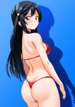 1girl ass bare_shoulders bikini black_hair blue_background blush breasts commentary_request commission engo_(aquawatery) grey_eyes hair_ornament large_breasts long_hair looking_at_viewer looking_back love_live! love_live!_nijigasaki_high_school_idol_club navel pixiv_commission red_bikini simple_background smile solo swimsuit thong thong_bikini yuki_setsuna