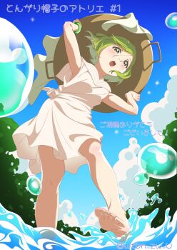 1girl artist_name barefoot blue_sky blush bracelet bubble cloud coco_(tongari_boushi_no_atelier) cooking_pot dress feet green_eyes green_hair highres jewelry lake looking_at_viewer open_mouth short_hair sky soles solo splashing toes tongari_boushi_no_atelier translation_request twitter_username water wtbn_zw_u