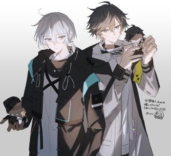 2boys ahoge arknights arknights:_endfield arm_at_side black_coat black_hair blush character_doll coat commentary cowboy_shot doctor_(arknights) doll endministrator_(arknights) eve_(meltdown) female_endministrator_(arknights) frown gradient_background grey_eyes grey_hair highres holding holding_doll looking_at_viewer male_doctor_(arknights) male_endministrator_(arknights) male_focus mask multiple_boys ponytail short_ponytail smile translation_request twitter_username two-sided_coat two-sided_fabric white_background white_coat