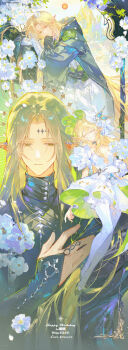 Rule 34 | 1boy, 1girl, absurdres, blonde hair, braid, bridal gauntlets, building, castle, choker, cloak, closed eyes, closed mouth, day, dress, elf, expressionless, eyelashes, facial mark, falling petals, flower, forehead mark, full body, gloves, green cloak, green eyes, green gloves, green shoes, happy birthday, hat, hat ornament, head rest, hetero, highres, jewelry, long hair, mole, mole under eye, original, outdoors, parted bangs, parted lips, petals, pointy ears, purple flower, renjian shilian, ring, shoes, sleeping, sun, sunlight, thighhighs, two-sided fabric, very long hair, white dress, white flower, white gloves, white hat, white petals, white thighhighs