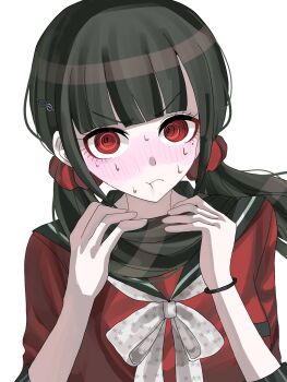 1girl black_hair black_sailor_collar blush bow bowtie commentary_request danganronpa_(series) danganronpa_v3:_killing_harmony grey_bow grey_bowtie hair_ornament hair_scrunchie hands_up harukawa_maki highres long_hair mole mole_under_eye red_eyes red_scrunchie sailor_collar scrunchie simple_background solo sweat tarutaru428 upper_body white_background