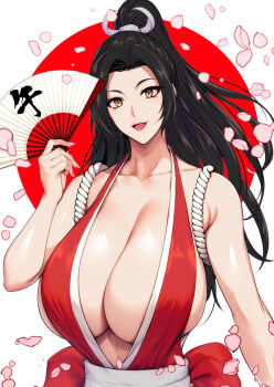 1girl alternate_hair_color armpit_crease bare_shoulders black_hair breasts brown_eyes cherry_blossoms chinese_zodiac cleavage collarbone commentary_request falling_petals fatal_fury female_focus hair_ornament hand_fan high_ponytail highres holding holding_fan hozumi_kenji huge_breasts japanese_clothes japanese_flag kimono long_hair looking_at_viewer ninja no_bra open_mouth parted_bangs petals pink_petals ponytail red_background red_kimono revealing_clothes rope sash shiranui_mai smile solo the_king_of_fighters upper_body white_background year_of_the_horse yellow_eyes