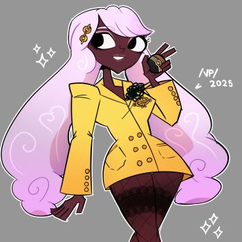 1girl 2025 4chan alternate_costume arm_at_side black_eyes breasts collarbone commentary cowboy_shot dark_skin drawfag english_commentary eyeshadow female_focus fishnet_thighhighs fishnets grey_background grin hand_up highres holding holding_poke_ball jacinthe_(pokemon) jacket legs_together long_hair long_sleeves luxury_ball makeup nintendo outline pink_lips poke_ball pokemon pokemon_legends:_z-a purple_eyeshadow purple_hair sideways_glance signature small_breasts smile solo sparkle spread_fingers swept_bangs thighhighs toon_(style) very_dark_skin yellow_jacket