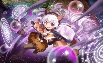 Rule 34 | 1girl, animal ear headwear, animal ears, artist request, beanie, black boots, black choker, black gloves, black shirt, boots, bow, brown bow, brown eyes, brown hat, brown skirt, bubble, bubble skirt, cat ears, choker, collarbone, crop top, dot nose, earflap beanie, elbow gloves, fake animal ears, fingerless gloves, floating clothes, floating hair, frilled skirt, frills, full body, fur-trimmed poncho, fur choker, game cg, gem, gloves, hair through headwear, happy, hat, highres, holding, holding tray, light blush, light particles, long hair, looking at viewer, magical girl, mahou shoujo madoka magica, mahou shoujo madoka magica: hangyaku no monogatari, mahou shoujo madoka magica magia exedra, miniskirt, momoe nagisa, official art, open mouth, orange poncho, polka dot footwear, pom pom (clothes), rainbow, shirt, skirt, skirt bow, smile, solo, suspender skirt, suspenders, tareme, thigh boots, third-party source, tray, very long hair, wavy hair, white gem, white hair, witch's labyrinth