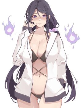 1girl absurdres bikini black_bikini black_hair blush braid breasts cleavage closed_mouth commentary_request fire front_braid gluteal_fold hair_between_eyes hand_up highres jacket joonmogoo korean_commentary large_breasts long_hair low_twintails navel open_clothes open_jacket original purple_fire pyrokinesis simple_background smile solo standing swimsuit thighs twintails white_background white_jacket