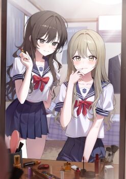2girls absurdres arm_behind_back black_eyes black_hair blonde_hair blue_sailor_collar blue_skirt blush bow bowtie closed_mouth commentary commission hair_intakes highres indoors long_hair looking_at_another looking_at_viewer makeup makeup_brush miniskirt mirror multiple_girls nervous okkimon original pomade red_bow red_bowtie sailor_collar school_uniform shirt sidelocks skirt smile white_shirt yellow_eyes