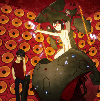 1boy 1girl adjusting_eyewear asgr black_hair bra glasses grin hair_between_eyes hair_ribbon hand_in_pocket hand_on_eyewear highres orange_eyes original panties pants red_ribbon red_shirt ribbon robot shirt short_hair short_twintails smile speaker twintails underwear underwear_only white_bra white_panties