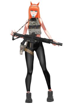 Rule 34 | 1girl, absurdres, animal ears, aqua eyes, ar-15, black pants, black shoes, bulletproof vest, commentary request, food, food in mouth, full body, gun, gun sling, highres, holding, holding gun, holding weapon, holster, horse ears, lauging man (shun a t i o), long hair, looking at viewer, magazine (weapon), orange hair, pants, popsicle, popsicle in mouth, rifle, shoes, silence suzuka (umamusume), silver hairband, sneakers, solo, suppressor, thigh holster, tight clothes, tight pants, umamusume, weapon