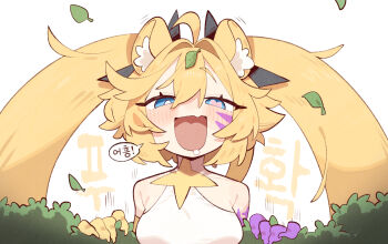 1girl ahoge animal_ear_fluff animal_ears bare_shoulders blonde_hair blue_eyes breasts bright_pupils bush clear_(djmax) cocomayo29_(tomato) commentary_request djmax djmax_respect fang hair_between_eyes heart heart-shaped_pupils highres korean_commentary korean_text large_breasts leaf leaf_on_head long_hair mismatched_pupils open_mouth simple_background skin_fang speech_bubble symbol-shaped_pupils twintails white_pupils