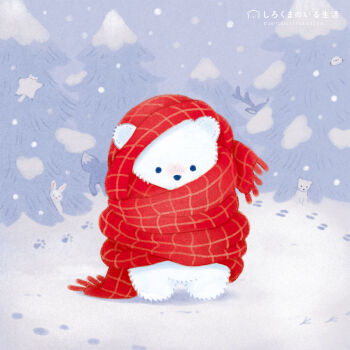 animal animal_focus bear bear_cub commentary_request deer ferret footprints highres no_humans original outdoors polar_bear rabbit red_scarf scarf serico snow snowing tree white_rabbit_(animal)