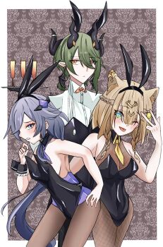 1boy 2girls ;p animal_ears black_leotard black_pantyhose blue_eyes border breasts brown_hair bunny_day cat_ears cat_girl champagne_flute commentary_request cup drinking_glass fake_animal_ears fishnet_pantyhose fishnets fu_hua green_eyes green_hair grey_hair h3_hk highres holding honkai_(series) honkai_impact_3rd kosma leotard long_hair medium_breasts multiple_girls one_eye_closed orange_eyes pantyhose pardofelis playboy_bunny pointy_ears rabbit_ears see-through_cleavage see-through_clothes short_hair short_hair_with_long_locks sideboob small_breasts tongue tongue_out very_long_hair white_border