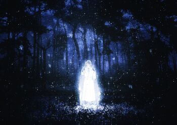 Rule 34 | 1boy, bellta (kimbellta), cloak, coat, collared shirt, color contrast, commentary request, forest, full body, glowing, hand in pocket, highres, hood, hood up, hooded cloak, korean commentary, korean text, male focus, nature, necktie, night, omniscient reader's viewpoint, open clothes, open coat, outstretched hand, reaching, reaching towards viewer, secretive plotter, shirt, sky, solo, standing, star (sky), starry sky, translation request, yoo joonghyuk