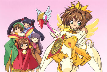 Rule 34 | 1990s (style), 1boy, 4girls, :d, absurdres, animal ear hood, animal ears, antenna hair, ascot, black hair, blunt bangs, bow, brown coat, brown eyes, bubble skirt, card, cardcaptor sakura, closed eyes, clow card, coat, creature, crown, daidouji tomoyo, dot nose, double bun, dual persona, elbow gloves, facing viewer, fake animal ears, fuuin no tsue, gloves, green eyes, green hat, hair bow, hair bun, hair intakes, hat, highres, holding, holding card, holding wand, hood, kero (cardcaptor sakura), kinomoto sakura, kinomoto sakura (miraculous sakura), kinomoto sakura (winter bunny), li meiling, li syaoran, long hair, looking at viewer, magical girl, multiple girls, official art, open mouth, own hands clasped, own hands together, pink background, pink gloves, pointed crown, pom pom (clothes), red bow, red coat, red eyes, retro artstyle, scan, short twintails, simple background, skirt, smile, takahashi kumiko, thighhighs, twintails, two side up, v arms, wand, white gloves, white thighhighs, wings, yellow ascot, yellow crown, yellow skirt, yellow wings