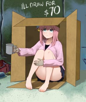 1girl ass bandaged_hand blue_eyes bocchi_the_rock! english_text fav_faris feet full_body gotoh_hitori jacket long_hair meme pink_hair poverty sad skirt spongebob_squarepants_(series) trash