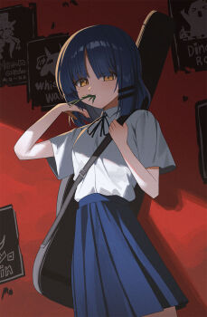 1girl adjusting_hair blue_hair blue_skirt bocchi_the_rock! collared_shirt commentary cowboy_shot eating guitar_case hair_ornament hairclip hand_in_own_hair highres holding_strap instrument_case leaf looking_at_viewer medium_hair mole mole_under_eye mouth_hold parallel_hairclips parted_bangs school_uniform shimokitazawa_high_school_uniform shirt shirt_tucked_in short_sleeves skirt solo stalk_in_mouth sweetcho white_shirt yamada_ryo yellow_eyes
