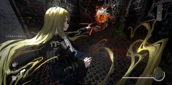 1girl absurdres asteroid_ill black_jacket blonde_hair closed_mouth firing from_behind gun handgun health_bar highres holding holding_gun holding_weapon indoors iris_(asteroid_ill) jacket laser long_hair minimap monster original outstretched_arm red_eyes science_fiction shirt smile solo standing translation_request user_interface weapon white_shirt