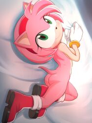 Rule 34 | absurdres, amy rose, arched back, ass, boots, colored skin, furry, furry female, gloves, green eyes, hairband, hedgehog ears, hedgehog girl, hedgehog tail, highres, long hair, nude, pink hair, pink skin, red footwear, red hairband, skarlet jewel, smile, sonic (series), white gloves