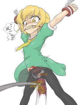 1girl arms_up black_pantyhose blonde_hair bound bound_wrists cunt_punt dress feet_out_of_frame female_focus gagged green_dress hammer higurashi_no_naku_koro_ni hitting houjou_satoko injury japanese_text mudadamuda necktie pain panties panties_under_pantyhose pantyhose pelvis ryona saliva star-shaped_pupils star_(symbol) symbol-shaped_pupils tears underwear white_background yellow_necktie