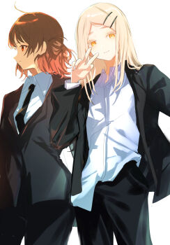 2girls absurdres ahoge black_jacket black_necktie black_pants black_suit blonde_hair brown_eyes brown_hair closed_mouth collared_shirt colored_eyelashes commentary_request cowboy_shot dress_shirt earrings formal_clothes from_below gakuen_idolmaster hair_bun hair_ornament hairclip hanami_ume hand_up highres idolmaster jacket jewelry jio_(baku_zugogo) long_hair long_sleeves looking_at_viewer looking_to_the_side medium_hair multiple_girls necktie open_collar orange_eyes pants parallel_hairclips parted_bangs profile red_hair shinosawa_hiro shirt shirt_partially_tucked_in simple_background single_side_bun smile standing stud_earrings suit suit_jacket v white_background white_shirt