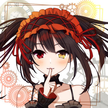 1girl bare_shoulders black_choker black_hair blush choker clock_eyes collarbone commentary date_a_live detached_sleeves finger_to_mouth floating_hair frilled_choker frilled_hairband frills gears hairband hand_up heterochromia highres index_finger_raised lolita_hairband looking_at_viewer miyuki_murasaki_miyukiyukari orange_hairband portrait red_eyes solo spaghetti_strap straight-on symbol-shaped_pupils tokisaki_kurumi twintails uneven_twintails wide_sleeves yellow_eyes