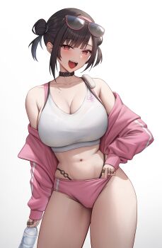 1girl :d absurdres bare_shoulders blunt_bangs blush bottle breasts buruma bush choker cleavage commentary double_bun eyewear_on_head gileu goddess_of_victory:_nikke hair_bun highres holding holding_bottle jacket jewelry large_breasts looking_at_viewer navel off_shoulder official_alternate_costume open_clothes open_jacket open_mouth pink_buruma red_eyes ring short_hair sidelocks simple_background smile solo sora_(nikke) sora_(spring_flight)_(nikke) sports_bra standing track_jacket water_bottle white_background white_sports_bra