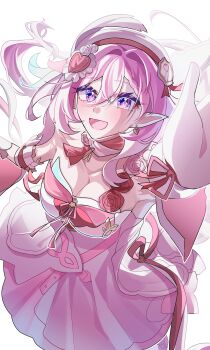 1girl absurdres beret breasts cleavage diamond-shaped_pupils diamond_(shape) dress earrings elf elysia_(hi_love_elf)_(honkai_impact) elysia_(honkai_impact) hashtag-only_commentary hat heart heart_earrings highres honkai_(series) honkai_impact_3rd jewelry large_breasts long_hair multicolored_hair open_mouth pink_dress pink_hair pointy_ears purple_eyes s9897907160915 simple_background smile solo symbol-shaped_pupils two-tone_hair very_long_hair white_background white_hair