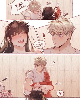 Rule 34 | 1boy, anya (spy x family), black hair, blonde hair, blue eyes, blush, bond (spy x family), breasts, couple, earrings, gold earrings, hetero, highres, husband and wife, ideksams, jewelry, large breasts, long hair, long sleeves, open mouth, red eyes, red sweater, shirt, short hair, sidelocks, smile, spy x family, sweater, teeth, twilight (spy x family), yor briar