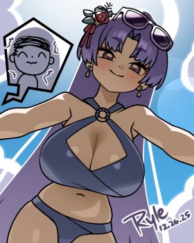 1boy 1girl absurdres artist_name bikini blue_archive blue_sky breasts closed_mouth dated day doodle_sensei_(blue_archive) earrings eyeshadow eyewear_on_head flower from_below girl_on_top grey_bikini hair_flower hair_ornament halo highres jewelry large_breasts long_hair looking_at_viewer makeup navel o-ring o-ring_bikini official_alternate_hairstyle outdoors parted_bangs pinned pov purple-framed_eyewear purple_hair red_eyeshadow ryle scared sensei_(blue_archive) shaking sky smile speech_bubble straight_hair swimsuit thought_bubble trembling very_long_hair wavy_mouth white_halo yukari_(blue_archive) yukari_(swimsuit)_(blue_archive)