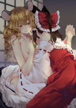 2girls animal_ears bare_shoulders blonde_hair blush bow braid breasts brown_hair cat_ears cat_girl closed_mouth commentary_request detached_sleeves frilled_bow frilled_skirt frills green_bow hair_between_eyes hair_bow hakurei_reimu hand_on_another&#039;s_ass highres holding_hands indoors kemonomimi_mode kirisame_marisa long_hair long_sleeves medium_breasts medium_hair meji_aniki mouse_ears mouse_girl multiple_girls no_headwear nude red_bow red_skirt red_vest ribbon-trimmed_sleeves ribbon_trim side_braid skirt touhou unworn_skirt vest white_sleeves wide_sleeves yellow_eyes yuri
