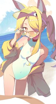 1girl :d absurdres adjusting_eyewear animal_ear_fluff animal_ears arm_at_side bare_shoulders beach blonde_hair blue_archive blue_sky breasts casual_one-piece_swimsuit clothing_cutout cloud collarbone covered_navel cowboy_shot day diamond_cutout dutch_angle extra_ears fox_ears fox_girl groin hair_over_one_eye halo hand_up highleg highleg_one-piece_swimsuit highres jacket laocheng_(axpp4722) loli long_hair looking_at_viewer multicolored_eyes ocean official_alternate_costume official_alternate_hairstyle one-piece_swimsuit one_eye_covered open_clothes open_jacket open_mouth outdoors pink_eyes seia_(blue_archive) seia_(swimsuit)_(blue_archive) shirt_partially_removed side_ponytail sidelighting sidelocks sky small_breasts smile solo sunglasses swimsuit thighs two-tone_eyes visor_cap wavy_ends white_one-piece_swimsuit yellow_eyes yellow_halo yellow_jacket