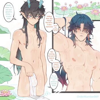 2boys aqua_horns black_hair blade_(honkai:_star_rail) blush bulge commentary covering_crotch covering_privates dan_heng_(honkai:_star_rail) dragon_boy english_commentary english_text highres honkai:_star_rail honkai_(series) horns long_hair male_focus multiple_boys navel nipples nude ordernumber069 pointy_ears shiny_skin shoulder_blush speech_bubble standing thighs toned toned_male twitter_username yaoi