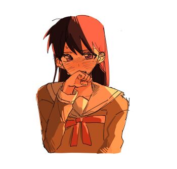 1girl bang_dream! bang_dream!_it&#039;s_mygo!!!!! blush brown_dress brown_hair commentary_request covering_own_mouth dress hanasakigawa_school_uniform highres korean_commentary long_hair mole mole_under_eye neck_ribbon oxx2v7w7tsialca purple_eyes red_ribbon ribbon school_uniform shiina_taki simple_background solo upper_body white_background