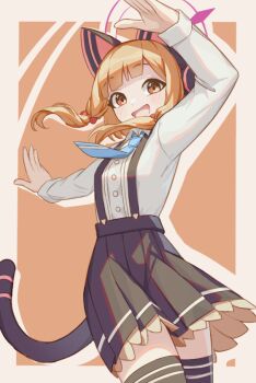 1girl :d animal_ear_headphones animal_ears arm_up black_skirt black_tail black_thighhighs blonde_hair blue_archive blue_necktie blunt_bangs blush border bow breasts brown_eyes cat_ear_headphones cat_ears cat_tail collared_shirt commentary cowboy_shot dress_shirt drop_shadow fake_animal_ears fake_tail fantasyismyname floating_hair floating_neckwear frilled_skirt frills hair_bow halo headphones long_sleeves looking_at_viewer low-tied_sidelocks momoi_(blue_archive) necktie no_jacket open_mouth orange_background outside_border outstretched_arm pink_halo pleated_skirt red_bow shirt short_hair sidelocks simple_background skirt small_breasts smile solo suspender_skirt suspenders tail tail_raised thighhighs white_border white_shirt