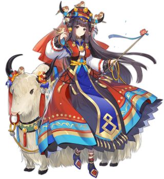 1girl animal animal_ears animal_on_head ark_order bandaged_leg bandages bead_necklace beads bird bird_on_hand bird_on_head black_boots black_eyes black_hair black_hat blue_dress boots breasts bull closed_mouth diadem dress earrings full_body gold_trim hat hatoyama_itsuru holding holding_stick horn_scrunchie horns jewelry long_sleeves looking_at_viewer medium_breasts multicolored_dress necklace official_art on_head ox_(ark_order) cow_ears cow_girl cow_horns red_dress smile solo sparrow stick tachi-e tassel tibetan_clothes transparent_background veil white_sleeves yak