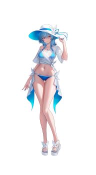 1girl absurdres alternate_costume bare_legs bikini blue_bikini blue_hair blue_nails breasts closed_mouth collarbone colored_eyelashes commentary full_body hair_between_eyes hand_up hat highres korean_commentary legs long_hair looking_at_viewer medium_breasts nail_polish navel purple_eyes shirt shorekeeper_(wuthering_waves) simple_background single_off_shoulder smile solo stomach swimsuit thigh_gap thighs tied_shirt toenail_polish toenails toes white_background white_hat white_shirt wuthering_waves yuridango