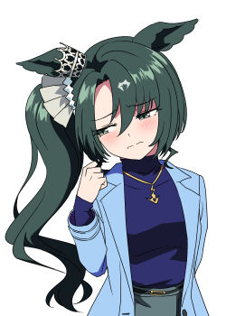1girl absurdres animal_ears baasaku_(balasaku24) blue_coat blue_jacket blue_sweater blush breasts casual closed_mouth coat ear_through_crown ears_through_headwear frown green_eyes green_hair grey_skirt hair_between_eyes highres horse_ears horse_girl horse_tail jacket jewelry long_hair long_sleeves multicolored_hair satono_crown_(casual)_(umamusume) satono_crown_(umamusume) shirt side_ponytail simple_background skirt streaked_hair sweater tail umamusume white_background white_hair