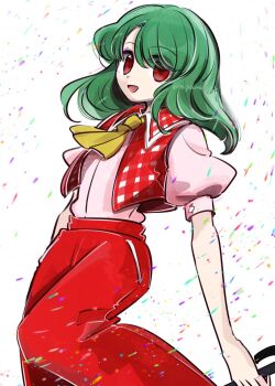 1girl ascot collared_vest commentary_request green_hair highres kazami_yuuka kazami_yuuka_(pc-98) looking_at_viewer medium_hair pants parted_lips pink_shirt plaid_clothes plaid_vest red_eyes red_pants red_vest shirt short_sleeves smile solo tama_(hiroshige_36) touhou touhou_(pc-98) twitter_username vest white_background yellow_ascot