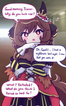 1girl animal_ears aya_chan1221 bare_shoulders black_dress blush blush_stickers braid braided_hair_rings breasts brown_hair cleavage commentary corset detached_sleeves dress ear_covers ear_ornament english_commentary english_text gentildonna_(regina_dei_fiori)_(umamusume) gentildonna_(umamusume) gloves hair_between_eyes hair_ornament hair_rings heart-shaped_ornament heart_ear_ornament highres horse_ears horse_girl horse_tail large_breasts long_hair looking_at_viewer open_mouth red_corset red_eyes see-through_cleavage see-through_clothes solo speech_bubble tail umamusume white_gloves