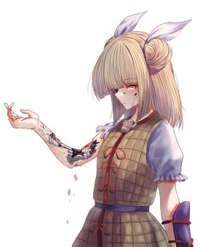 1girl android armor armored_dress blonde_hair blunt_bangs blunt_ends damaged double_bun dress hair_bun hair_ribbon haniwa_(statue) highres hole_in_face japanese_armor joutouguu_mayumi looking_at_viewer mechabare missing_eye profile puffy_short_sleeves puffy_sleeves purple_sash ribbon sash shirt short_sleeves simple_background single_vambrace solo standing teruteru12 torn_sleeve touhou upper_body vambraces white_background white_ribbon white_shirt yellow_dress yellow_eyes