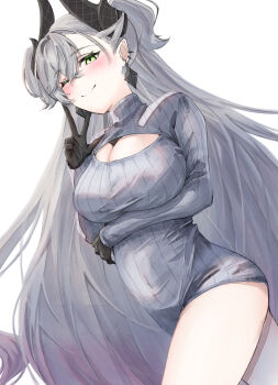 absurdres breasts cleavage cleavage_cutout clothing_cutout commentary_request demon_horns dress earrings fate/grand_order fate_(series) gradient_hair green_eyes highres horns jewelry large_breasts lilith_(fate) looking_at_viewer multicolored_hair one_eye_closed pink_hair pon-de-c2 signature smile sweater sweater_dress twintails white_hair