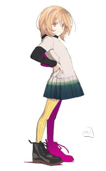 1girl black_boots black_sweater blonde_hair boots brown_eyes closed_mouth commentary_request from_side full_body green_skirt hands_on_own_hips highres ishino_mikoto looking_at_viewer looking_to_the_side medium_hair nori_(norimakigumo) pleated_skirt ribbed_sweater ribbed_thighhighs shirt signature simple_background skirt smile solo standing sweater sweater_under_shirt thighhighs tomica_hyper_rescue_drive_head:_kidou_kyuukyuu_keisatsu white_background white_shirt yellow_thighhighs