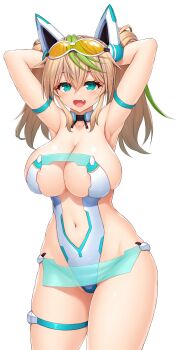 1girl absurdres animal_ears aqua_eyes armpits arms_behind_head arms_up asamura_hiori blonde_hair blue_eyes blush breasts cleavage cleavage_cutout clothing_cutout curvy fake_animal_ears fang gene_(pso2) goggles goggles_on_head highres large_breasts navel open_mouth phantasy_star phantasy_star_online phantasy_star_online_2 smile solo swimsuit twintails wide_hips