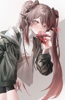 1girl black_bow black_jacket black_shorts bow brown_hair candy chocolate chocolate_heart cowboy_shot flower-shaped_pupils food genshin_impact hair_bow heart heart-shaped_food highres holding holding_chocolate holding_food hu_tao_(genshin_impact) jacket long_hair looking_at_viewer nail_polish red_eyes red_nails shorts solo sweater symbol-shaped_pupils turtleneck twintails twitter_username valentine white_sweater yukiusagi_(snowrabbit0508)