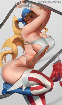 Rule 34 | 1girl, araneesama, bandaged hand, bandages, bandana, bare shoulders, blonde hair, blue bandana, blue boots, blue eyes, blush, boots, boxing gloves, breasts, cleavage, covered erect nipples, earrings, highres, jewelry, justice gakuen, knee boots, large breasts, long hair, looking at viewer, navel, o-ring, one-piece swimsuit, slingshot swimsuit, solo, star (symbol), star earrings, striped clothes, striped thighhighs, swimsuit, thighhighs, thighs, tiffany lords, white one-piece swimsuit
